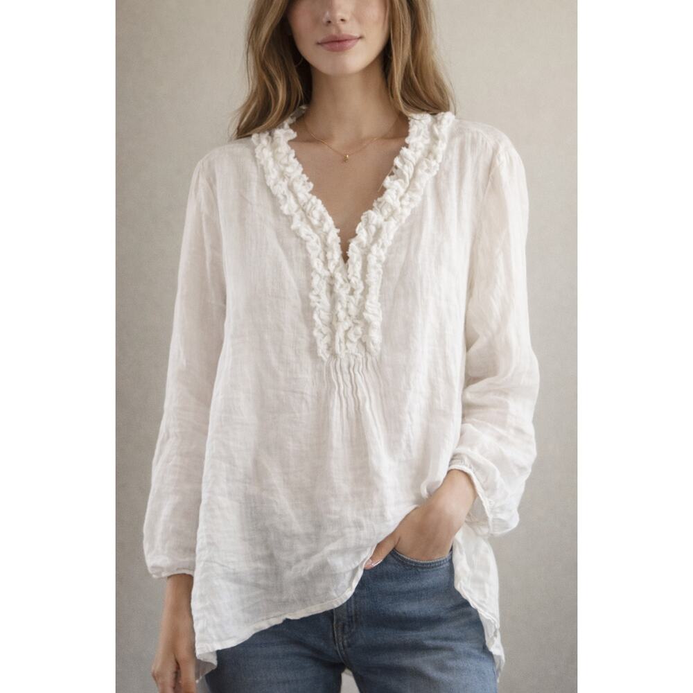 Luna Luz 100% Linen Long Sleeve Ruffle Trim Cover-Up Blouse Top White XS